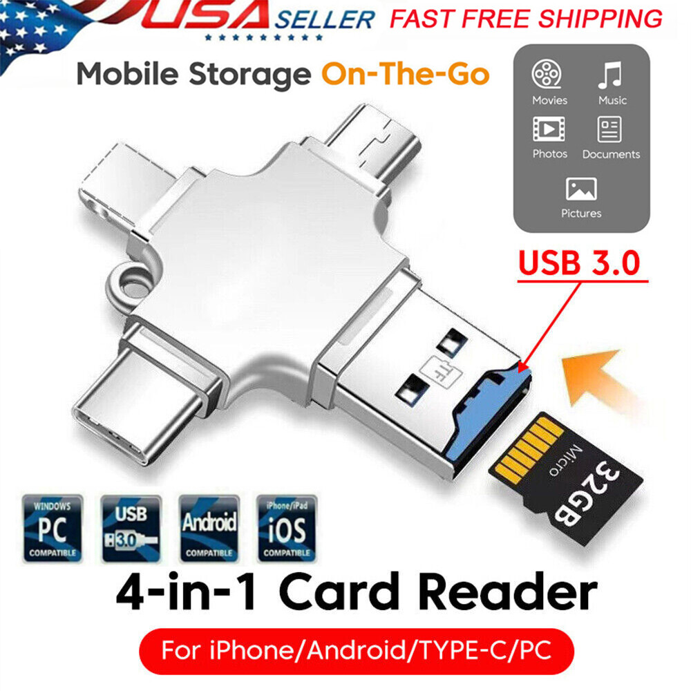 4 In 1 iOS Micro USB Type-C Micro SD TF Card Reader OTG for Android iPhone iPad
