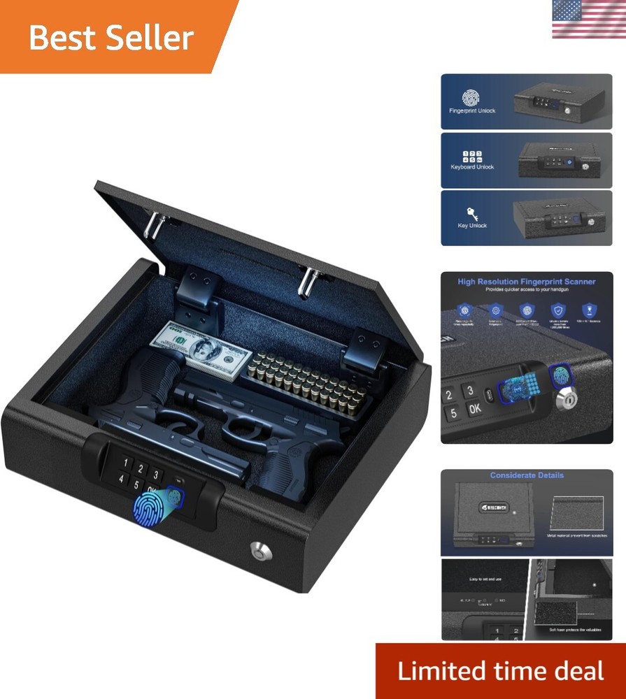 Enhanced Security Biometric Pistol Safe – Key & PIN Unlock with USB Charging