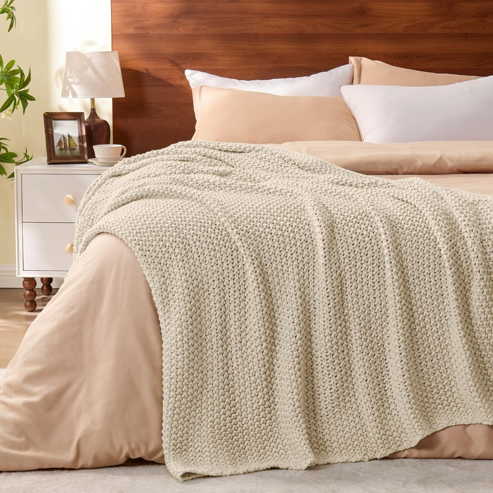 BEDELITE Chunky Cable Knit Throw Blanket for Throw(50"x60"), Beige