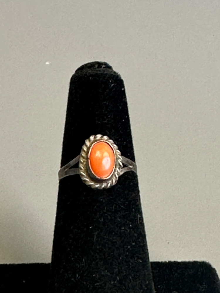Sterling Vintage Native Bezel Set Coral Ring size 4.75