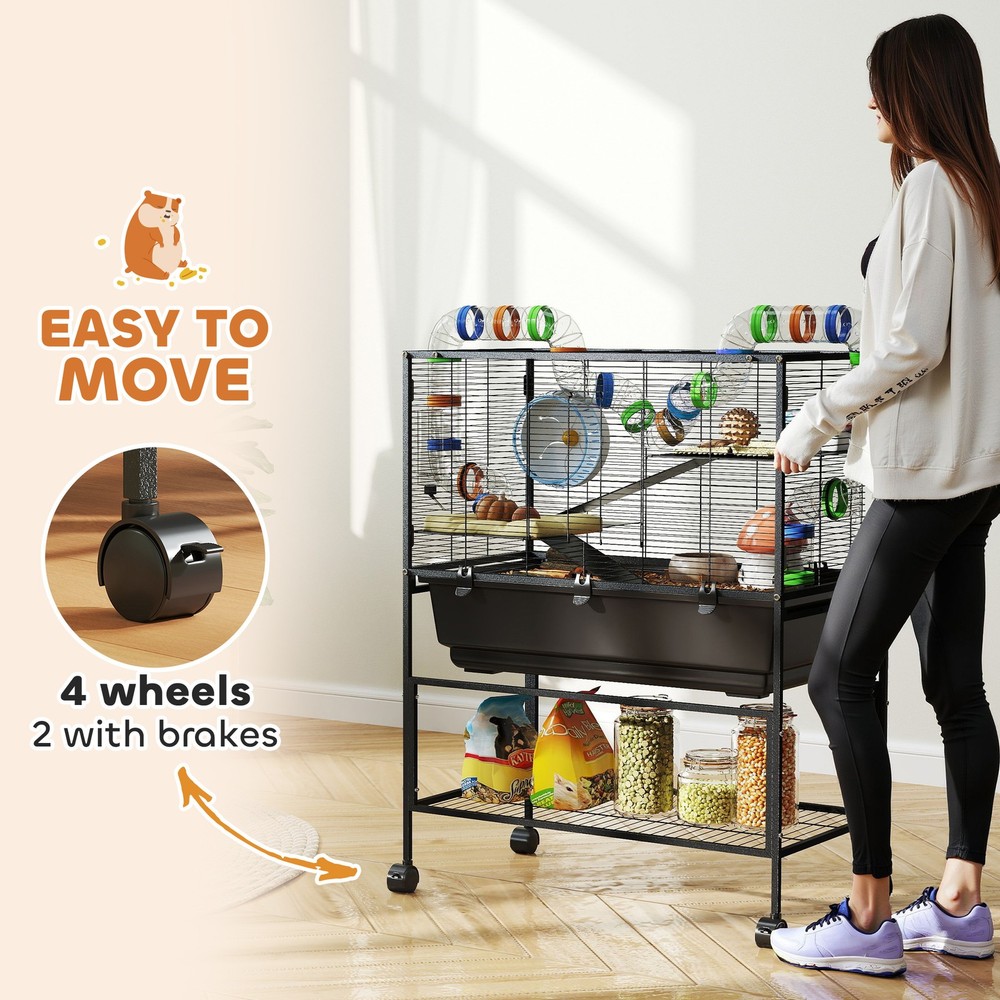 3-Tier Hamster Cage w/ Storage Shelf, Deep Tray & Wheels