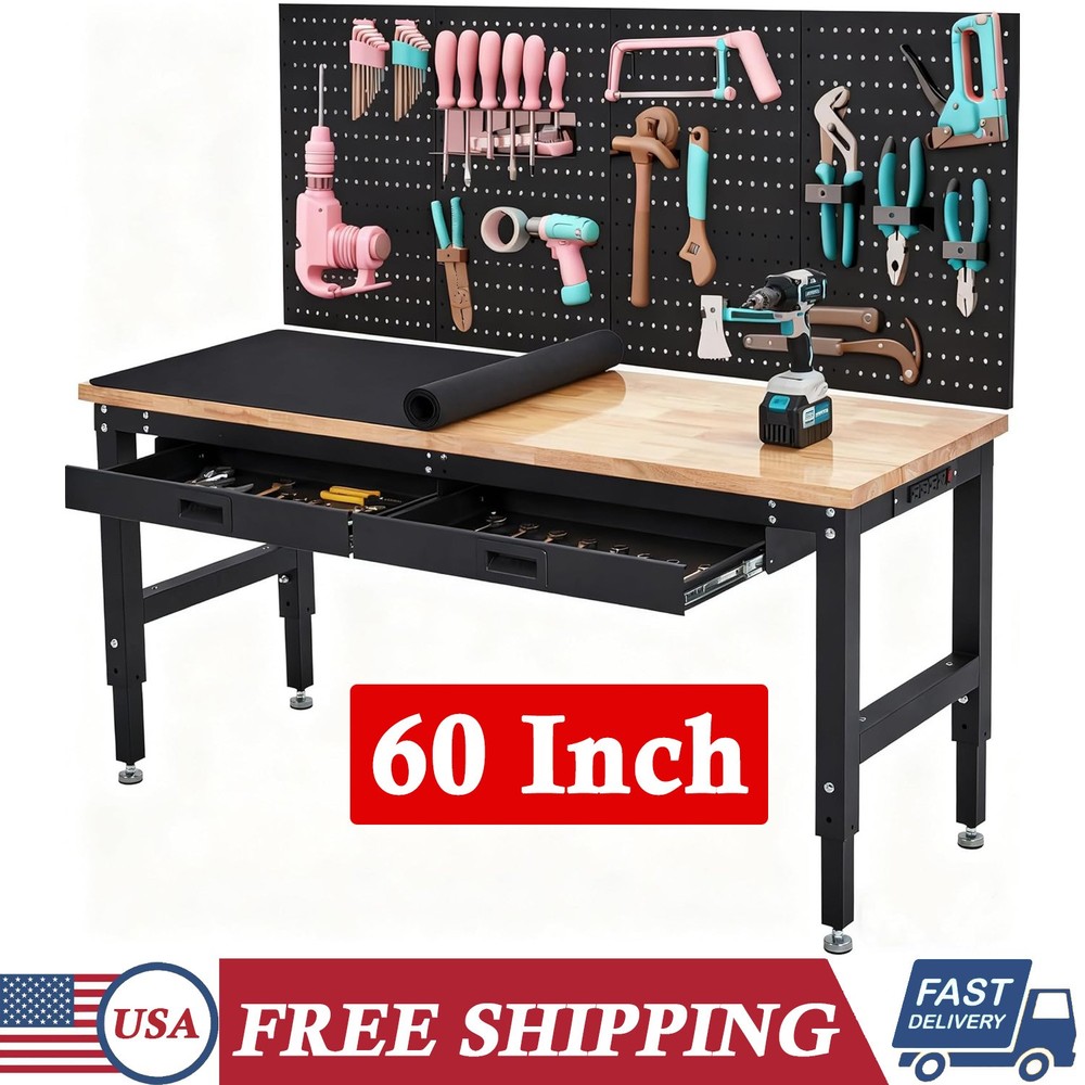60-Inch Workbench with Power Outlets & Pegboard & Drawers Adjustable Work Table