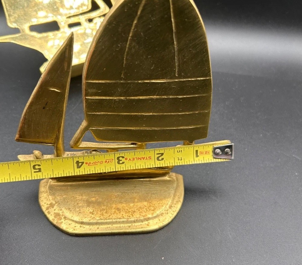Solid Brass Sailboat Bookends Boat Set, Nautical Bookends Mid-Century