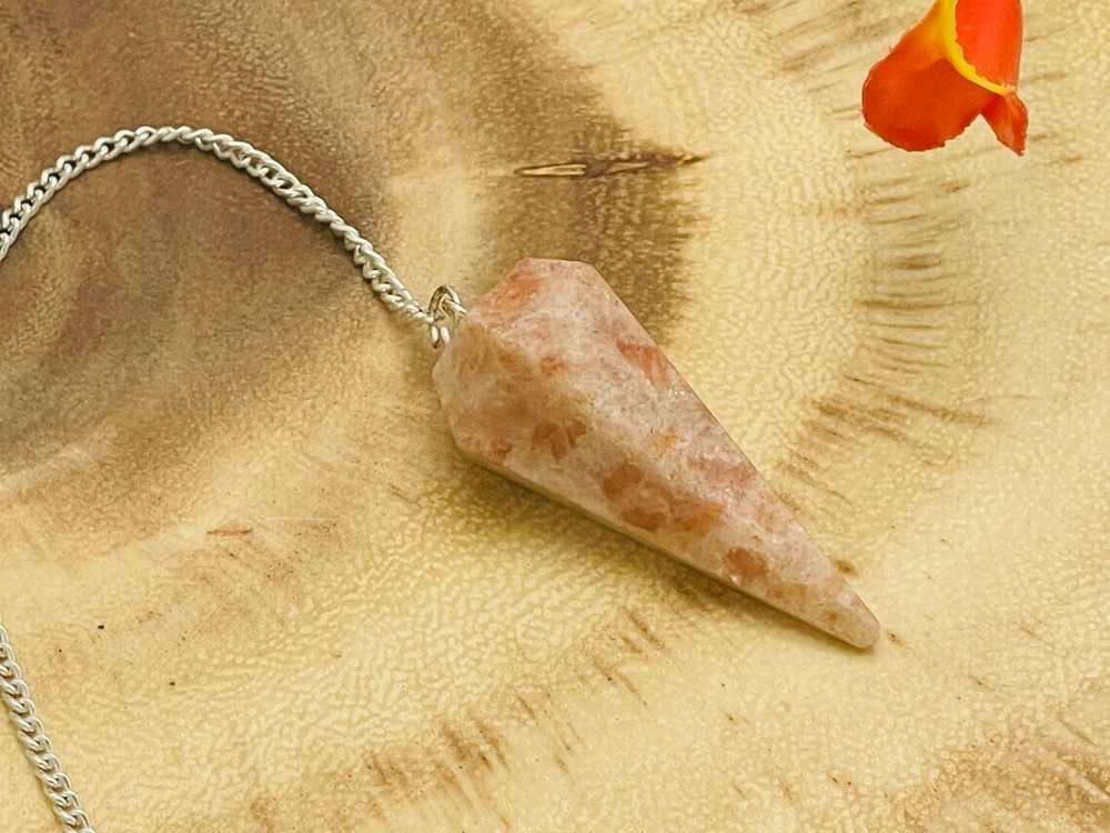 Sunstone Crystal Pendulum With Silver Plated Chain, Sunstone Point Pendulum