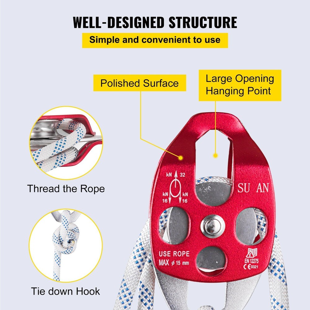 2-Sheave Rigging Pulley Set 7700lb 12mmx200ft Polyester Rope