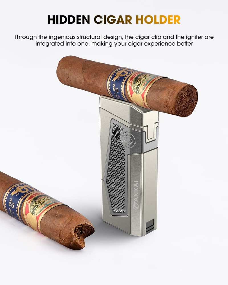 Cigar Lighter 4-Torch Jet Flame - Cigar Punch, Holder, Draw Enhancer, Windproof