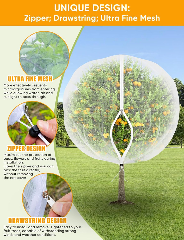 Fruit Tree Netting w/ Zipper & Drawstring 8x5.3ft Bug Bird Protection