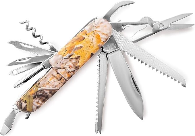 MAXAM, 16-Function Knife with Leymar Handle, Stainless Steel Multi Tool - Camo