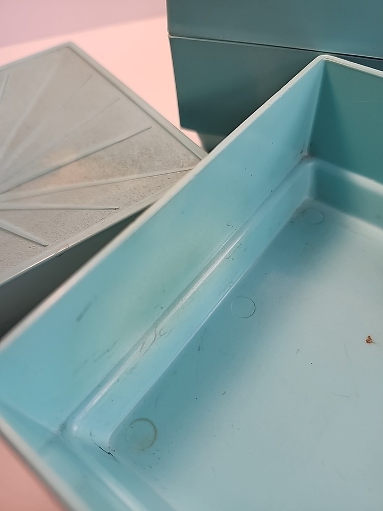 2 MCM Teal Blue Vanity Storage Box Melamine Starburst Lidded Container VTG -ff