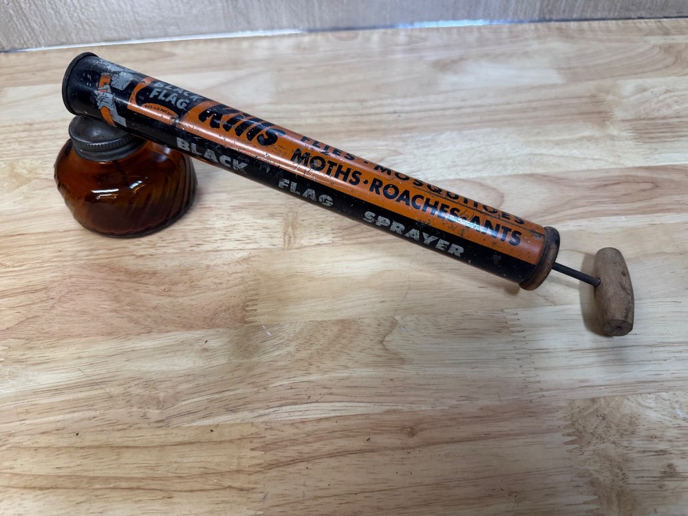 Vintage Black Flag Bug Sprayer Insect Duster with Brown Glass Container