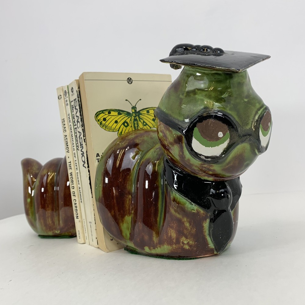 Vintage Mid Century Bookends Bookworm Green Brown Ceramic Boho