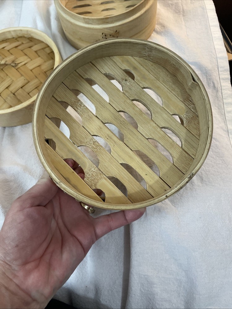 2 Tiered Bamboo Stackable Steamer with Lid 6 Inch Diameter 1.5 Inches Deep