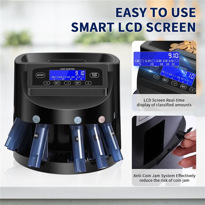 Coin Sorter Machine 270 Coins/Min Auto Coin Counter LCD Screen Batch Feature