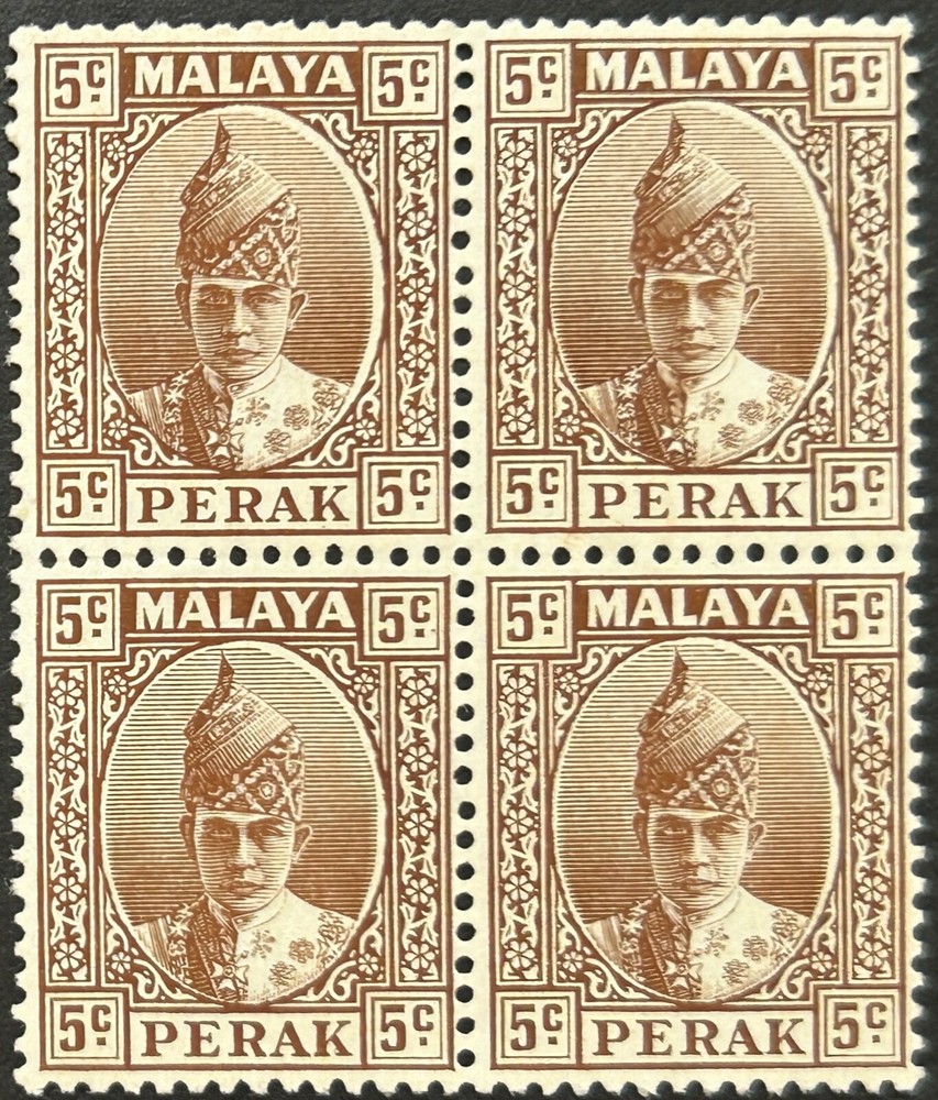 Malaya Perak 1939 Sultan 5¢ Block of 4 Unmounted Mint