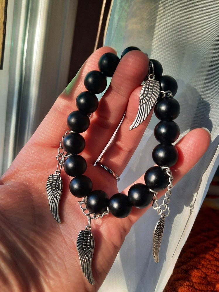 Obsidian Shadowhunter Bracelet with wing charms (handmade)