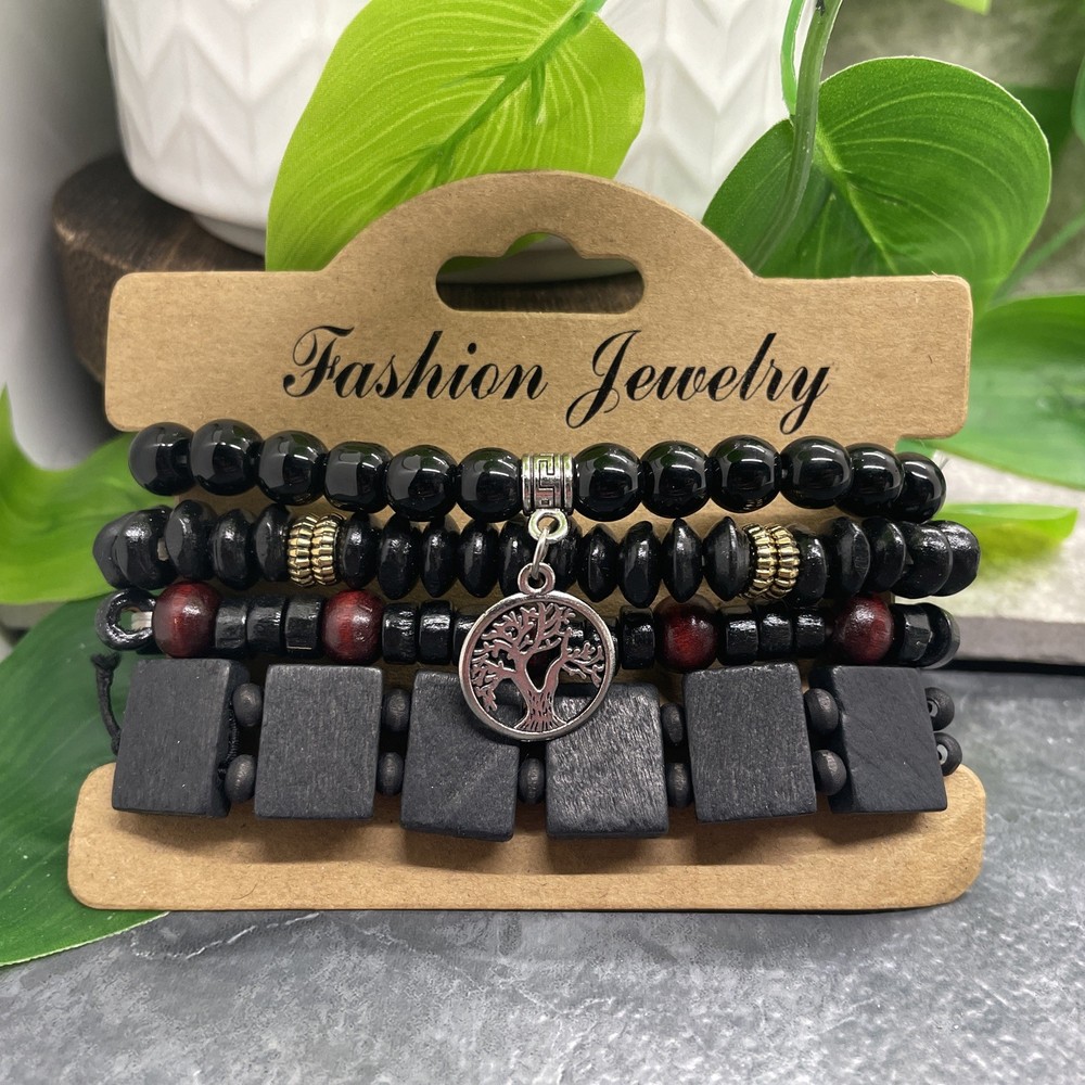 4 PC Handmade Boho Wood Bead Stackable 7” Plus Stretch Charm Bracelet Set B8398