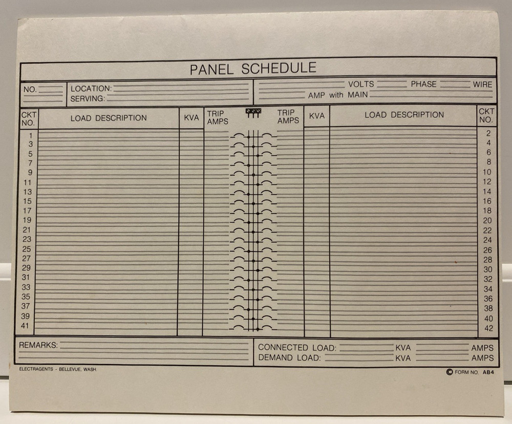 Vtg Electrical Panel Schedule / Circuit Breaker Panel Schedule Blank Sheets Pad