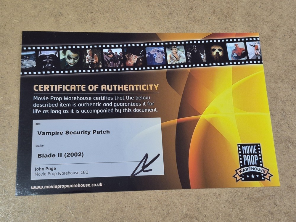 BLADE 2 PROP - VAMPIRE GLYPH SECURITY GUARD PATCH - MARVEL. WITH COA.