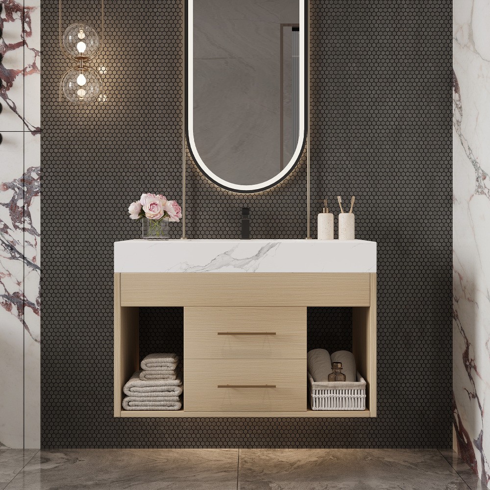 29.9" Modern Floating Bathroom Vanity with Sintered Stone Top &Ceramic Sink