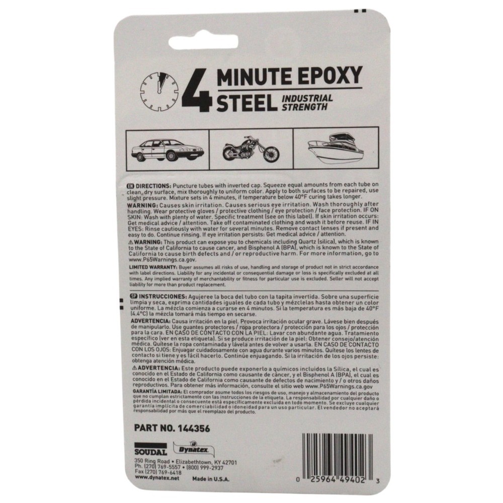 Dynatex 4 Min Steel Epoxy 2 oz - Fast Set Drillable (3-Pack)