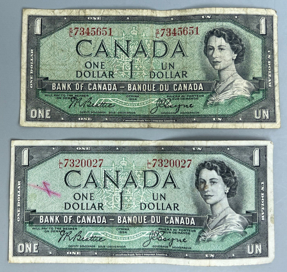 Two 1954 Canada Banknotes $1 Circulated
