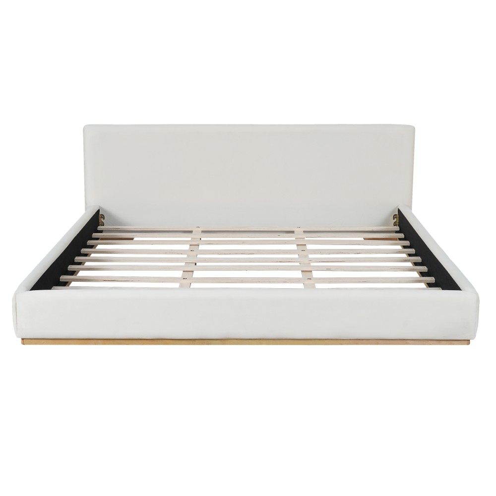 White Velvet King Bed Frame with Solid Wood Headboard & Footboard, Free Ship