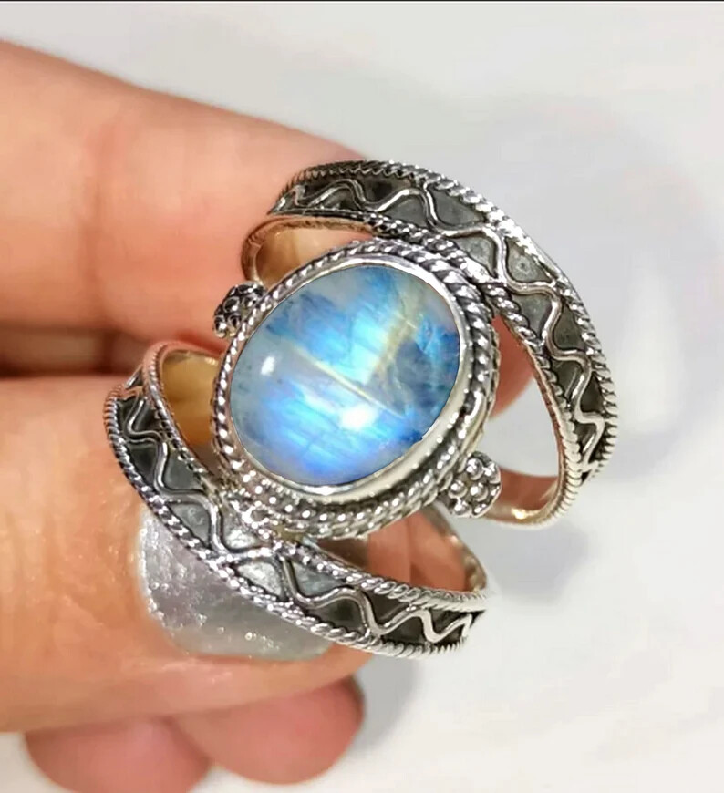 Moonstone 925 Sterling Silver Band &Statement Meditation Handmade Ring All size