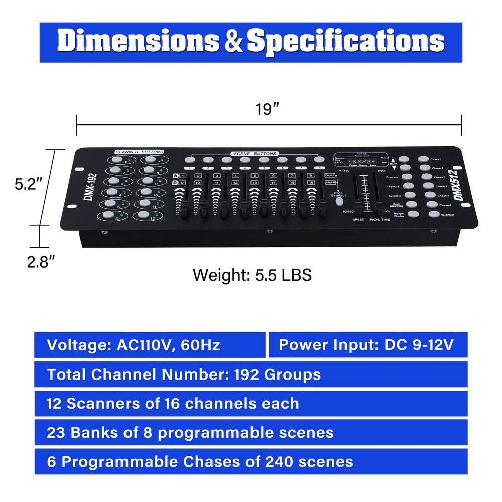 TCFUNDY DMX 512 Controller, 192 Channel DMX Light Controller Stage Lighting Cons