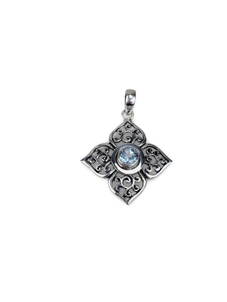Blue Gemstone Pendant, Scrollwork Pendant, Ornate Silver Pendant