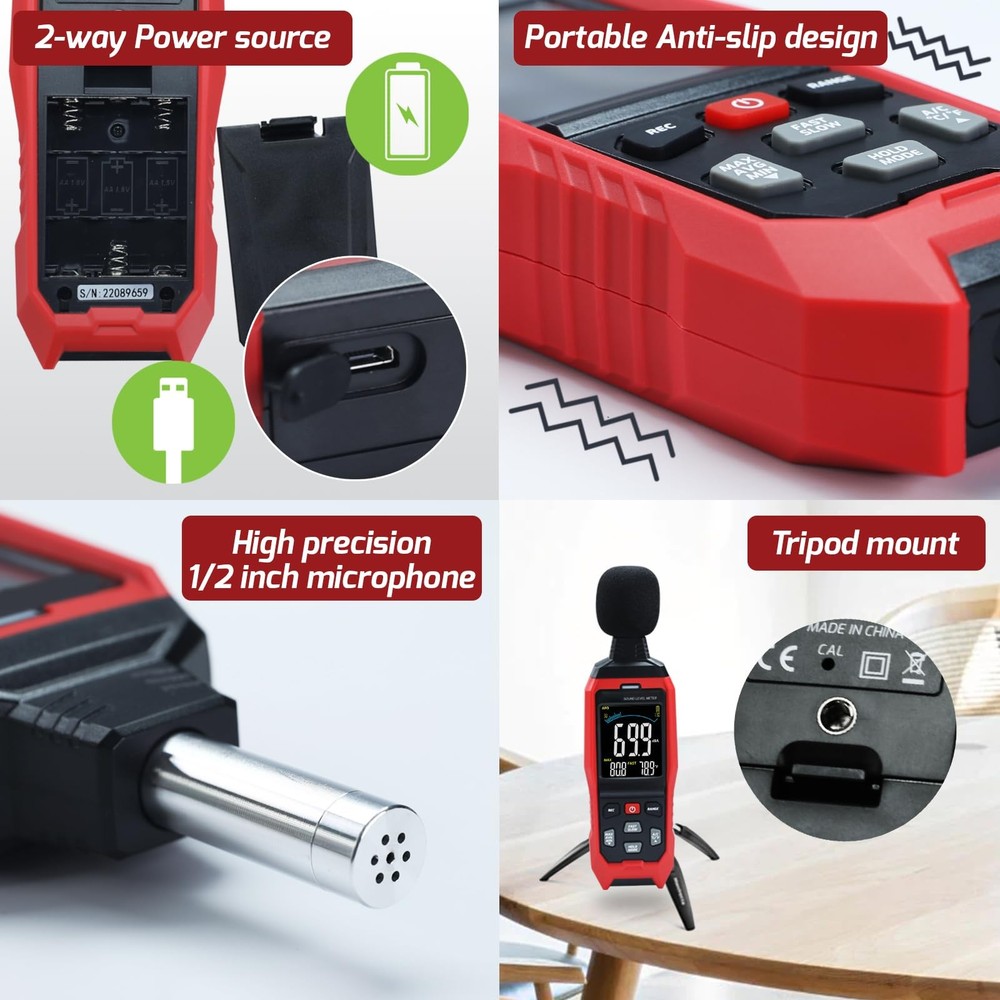 Sound Level Meter Data Logger Decibel Meter with Record Function, Portable Noise