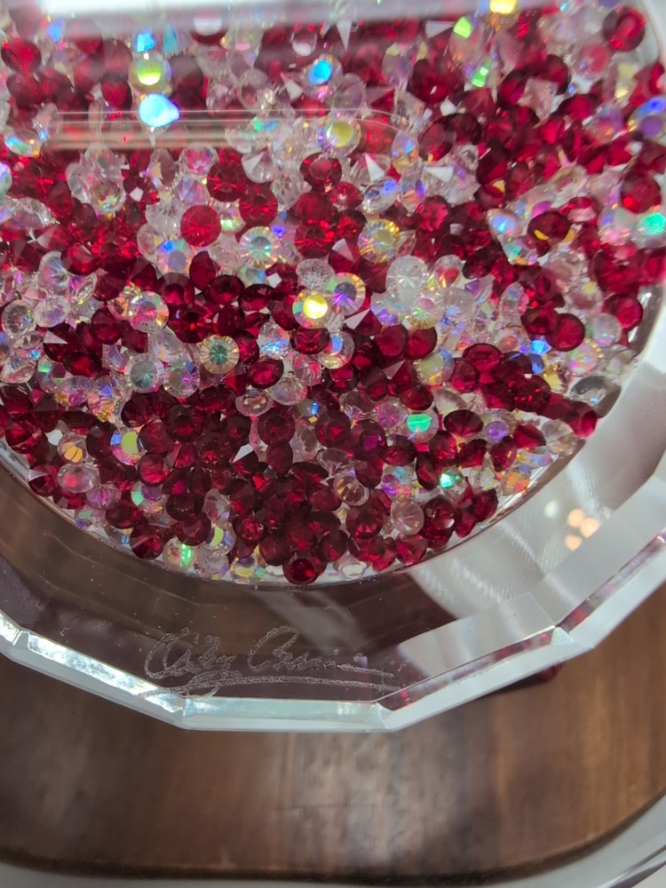 Oleg Cassini Crystal Footed Bowl Ruby & Clear Crystals Center 7" Signed Bling!