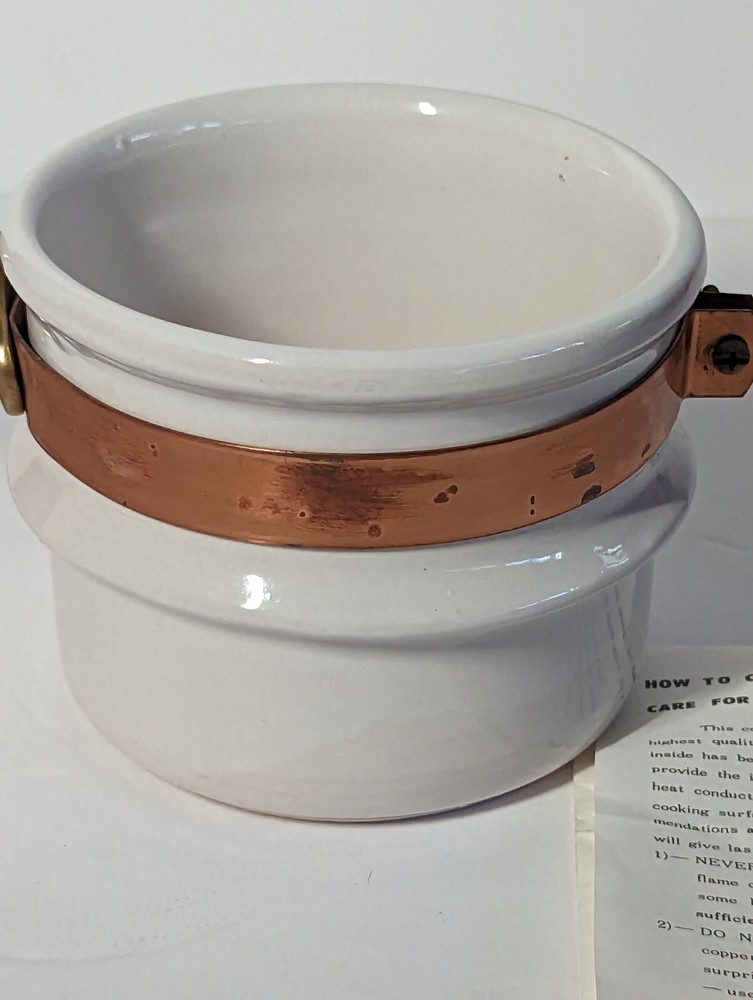 Vintage White Ceramic Pot With Copper Band And Brass Handle