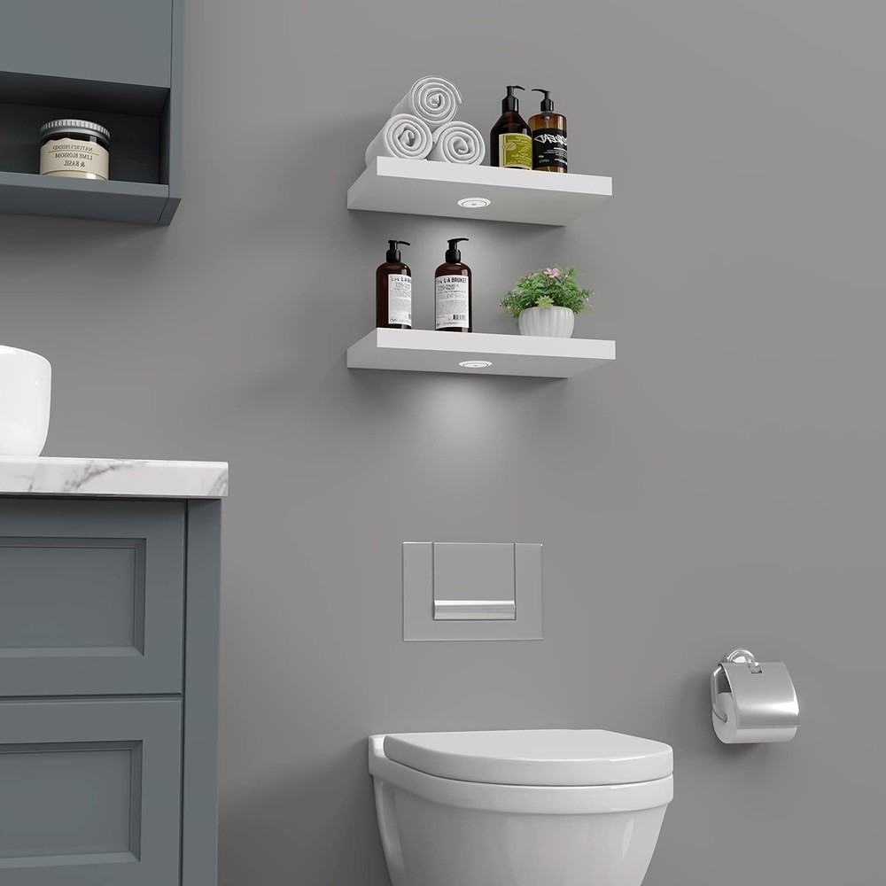 WELLAND White Floating Shelf with Motion Sensor Light, Wall Mounted Storage S...