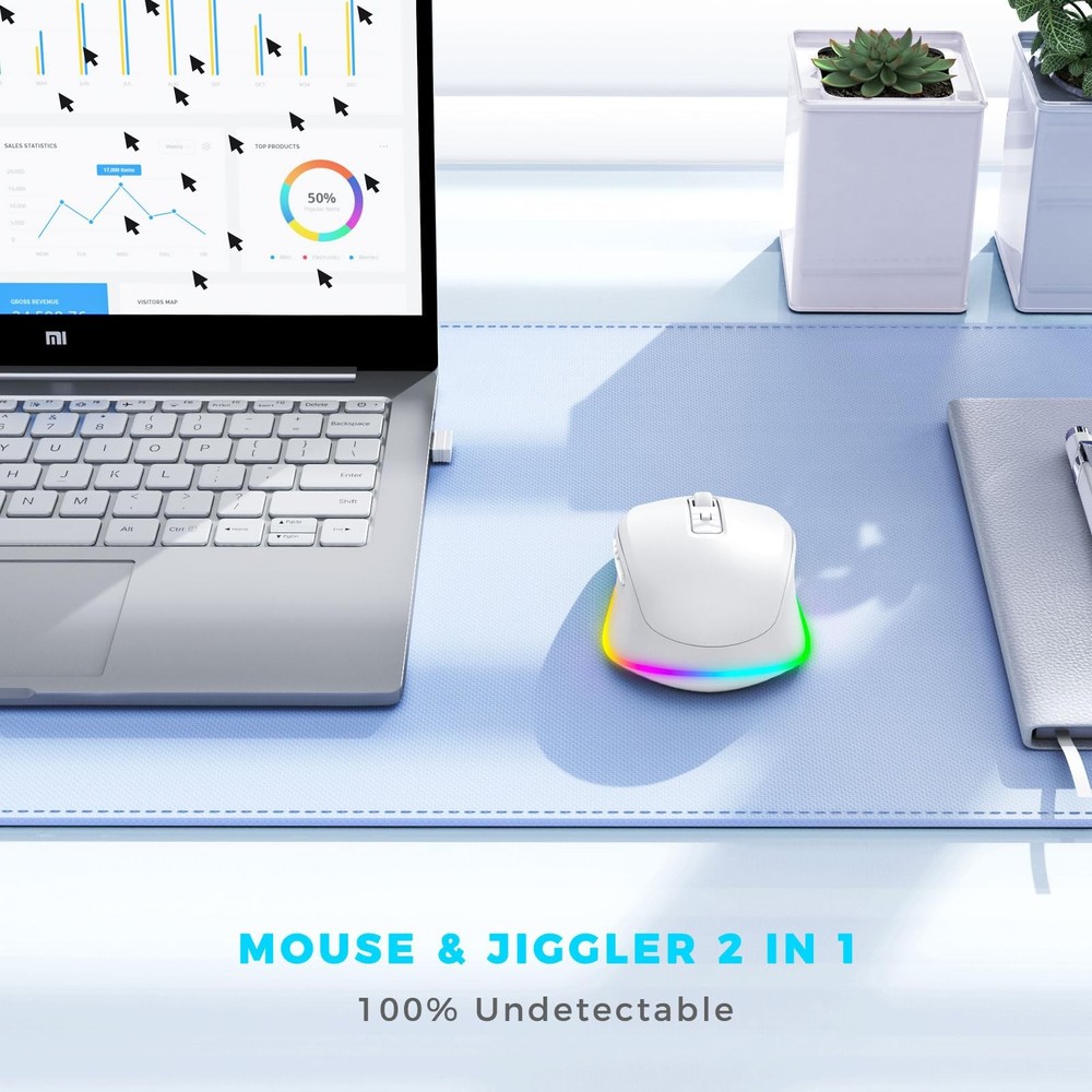 Wireless Mouse LED With Jiggler Mover Rechargeable Undetectable White Computer
