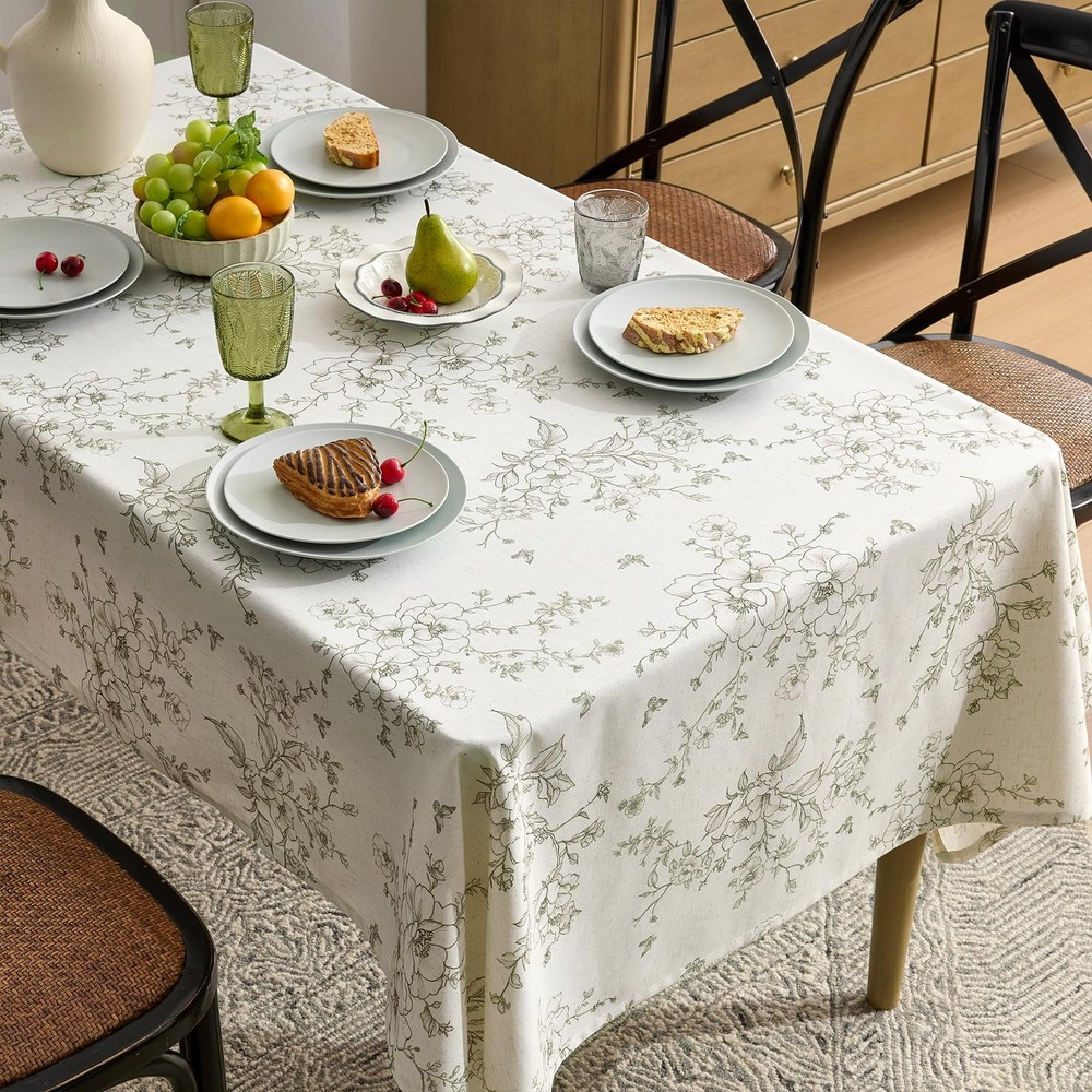 French Floral Tablecloths Rectangular Linen Table Cloth with Green Flowers Pa...