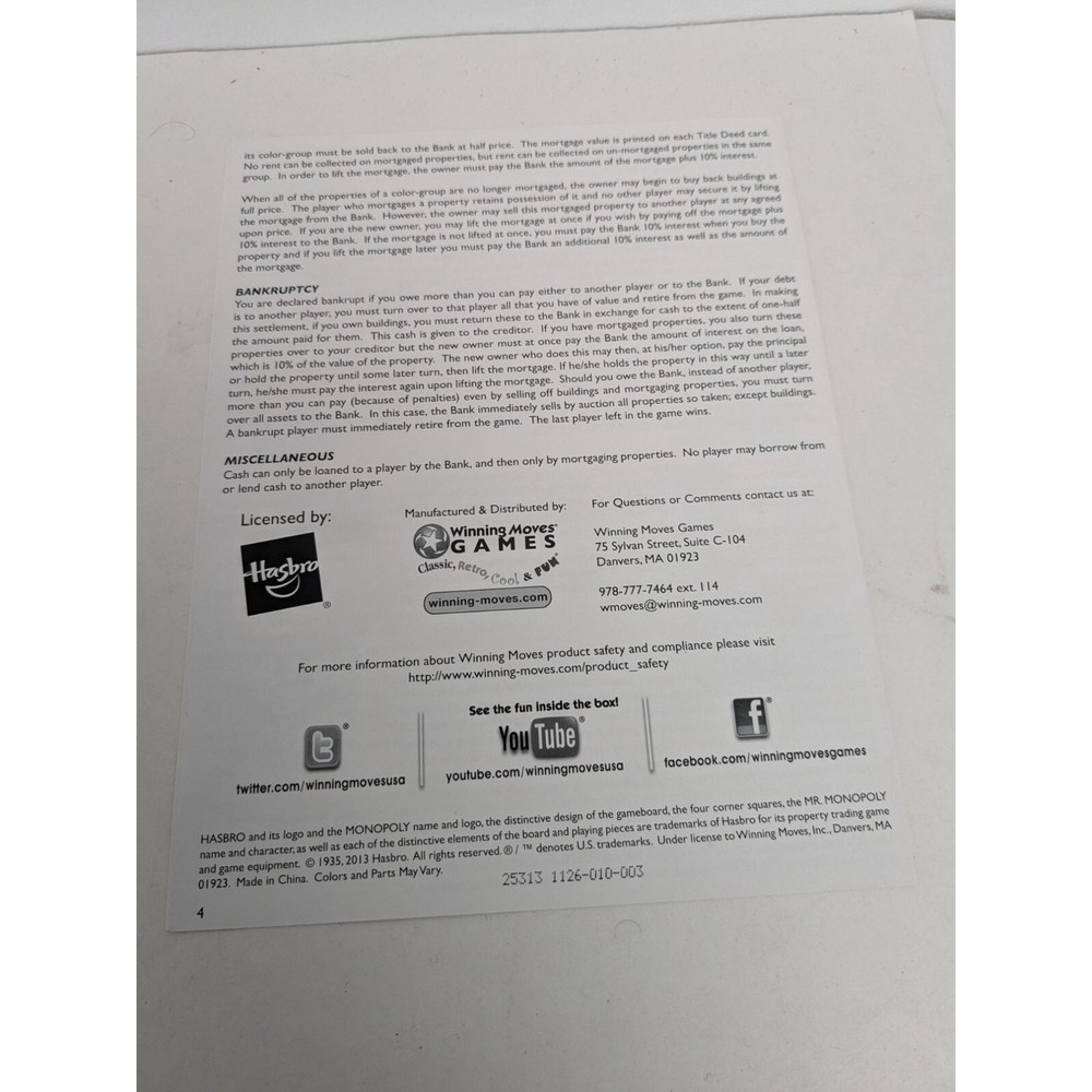 2013 Monopoly Classic Edition Game Replacement Board Instructions