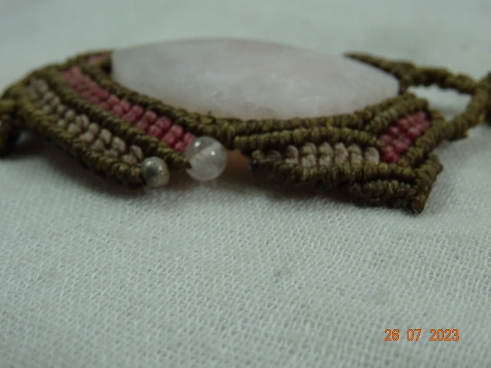 Artisan Oval Pink Topaz Stone Macrame Setting Statement Necklace 27' adjustable