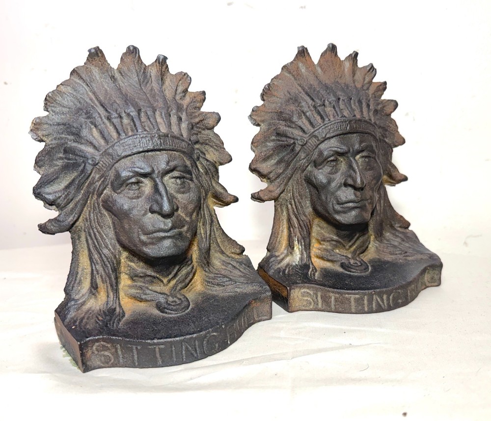 Pair antique Sitting Bull solid cast iron figural native american chief bookends
