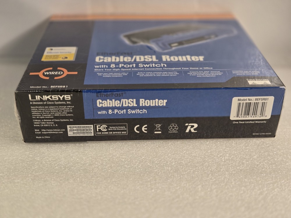 Linksys BEFSR81 Etherfast Cable / DSSL Router w/ 8 Port Switch. Sealed Box