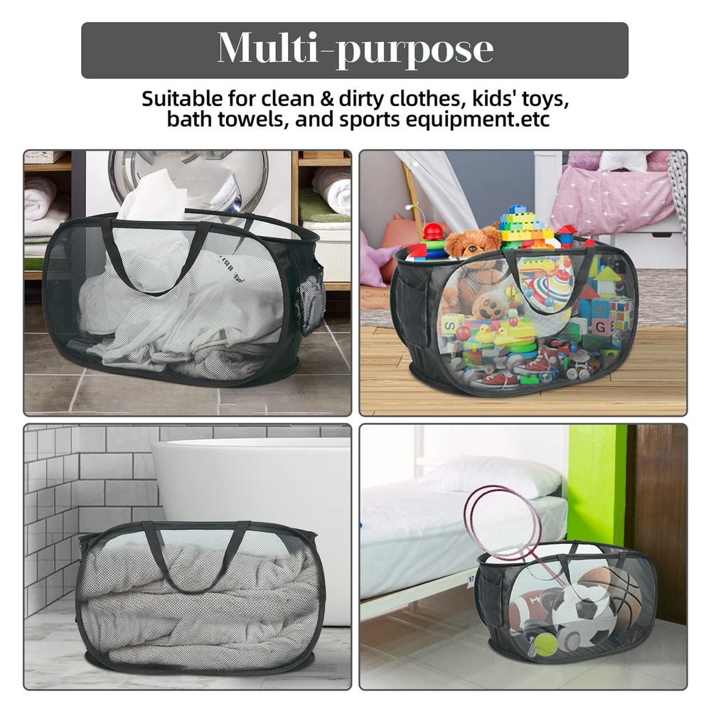 Durable Collapsible Laundry Baskets, Mesh Pop Up Horizontal, Black