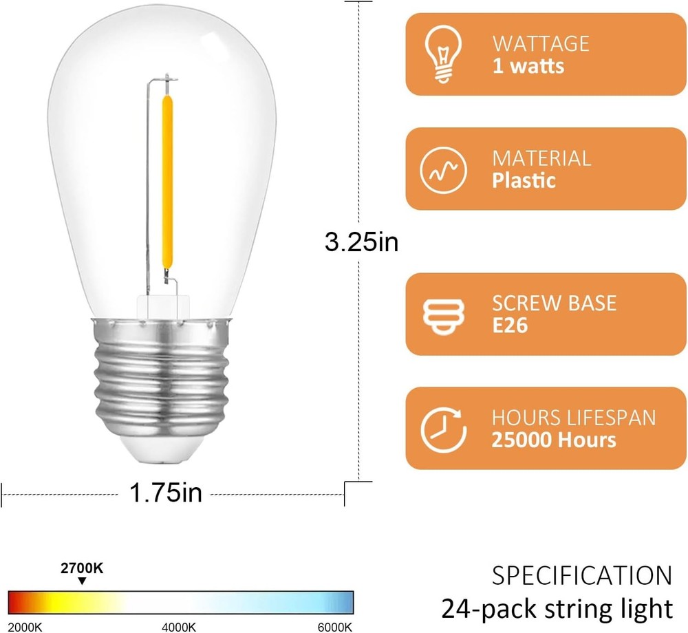24-Pack String Light Bulbs, S14 Outdoor Waterproof Replacement Bulb, E26 Base