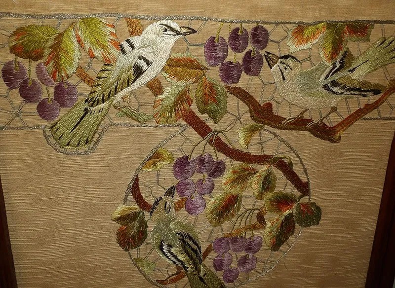 Antique Walnut Fire Screen With Bird Motif Embroidery