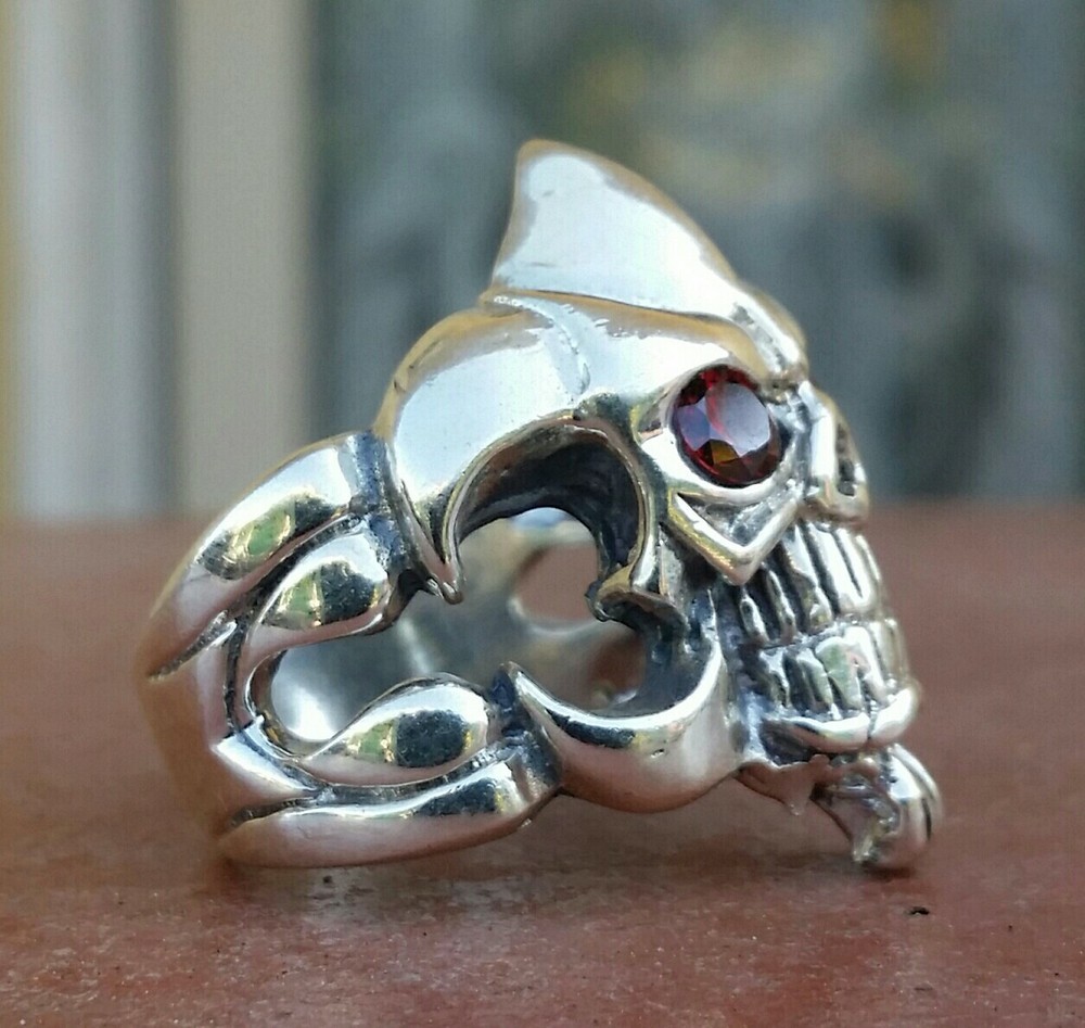 925 MENS SILVER RING motorcycle skull harley garnets ruby color