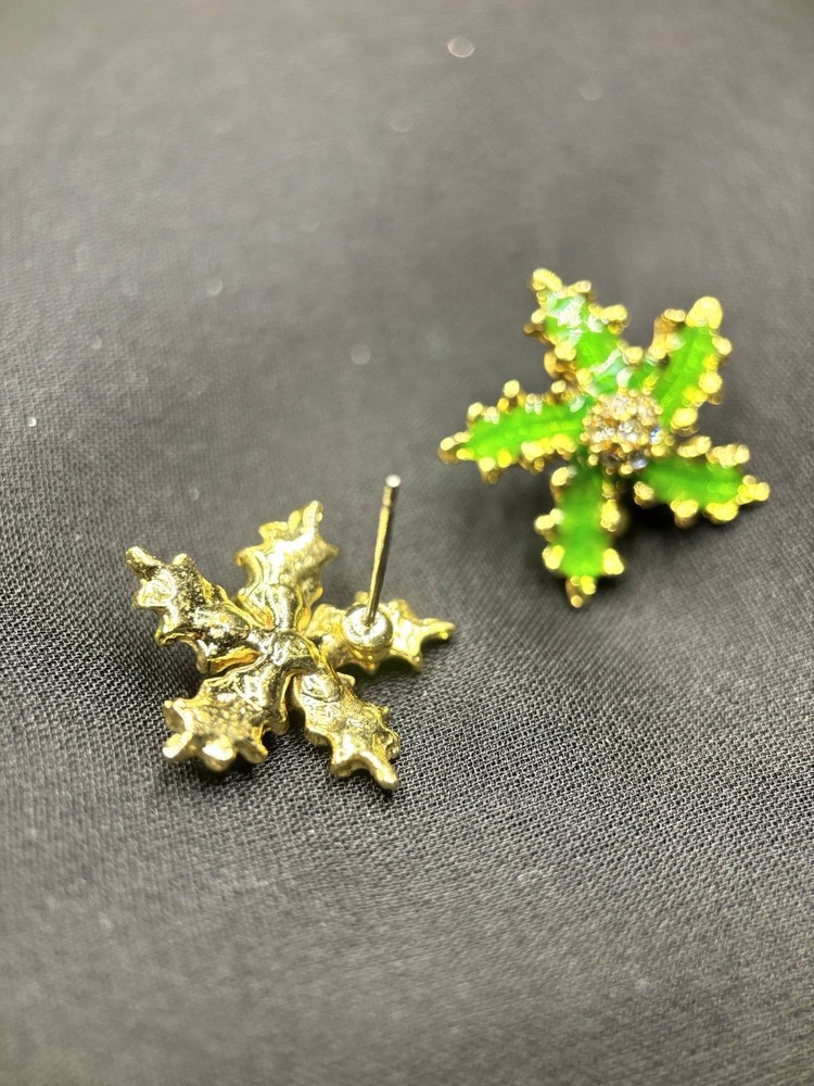 Vintage Green Floral Crystal Studs Earrings