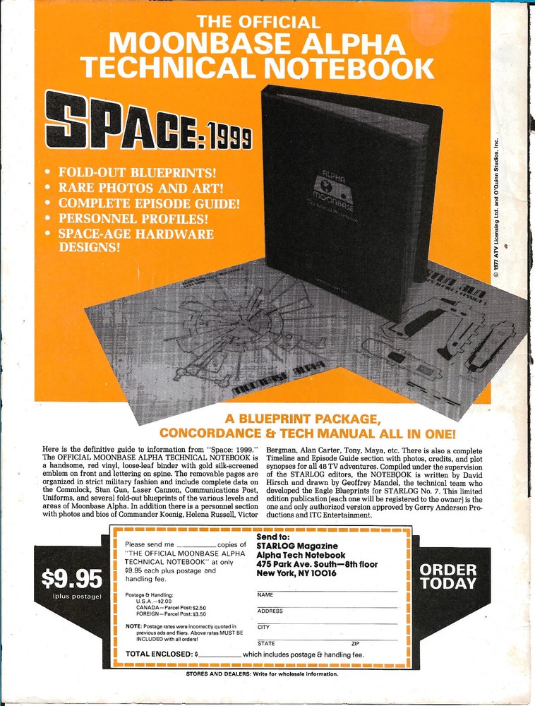 Print Ad- Official Moonbase Alpha Technical Notebook 1977 Starlog