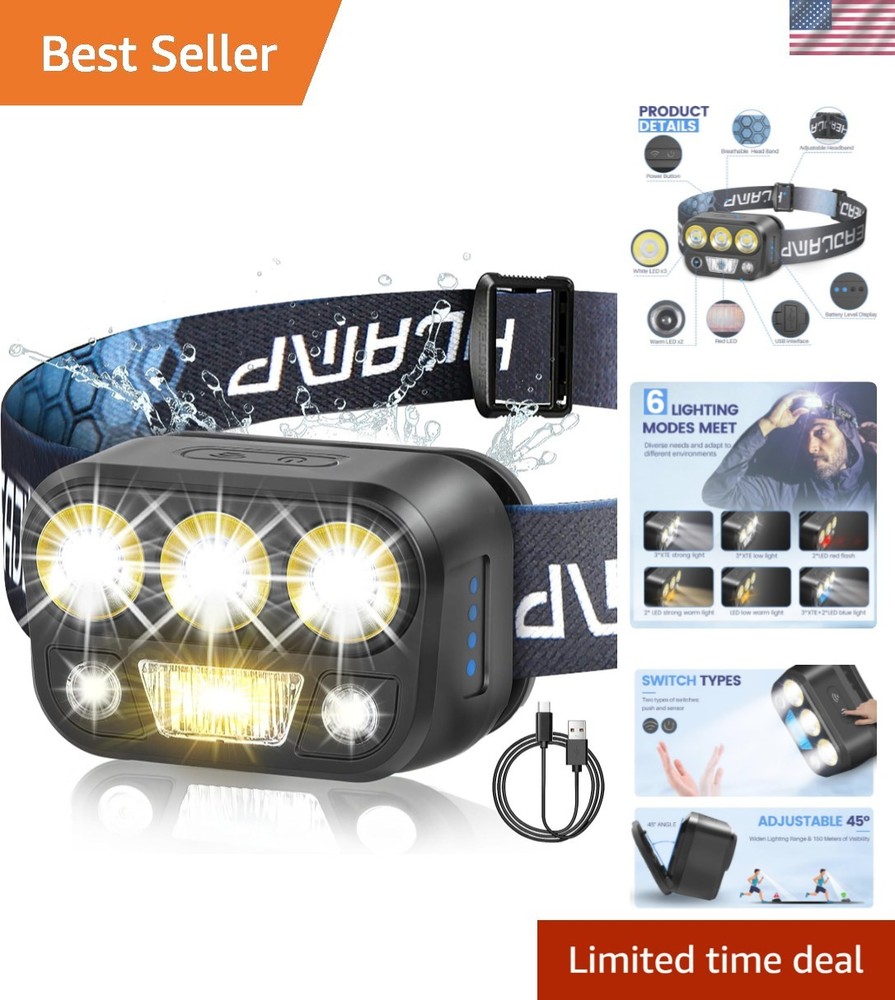 Lightweight 6-Mode LED Headlamp with Motion Sensor & Adjustable 45° Angle