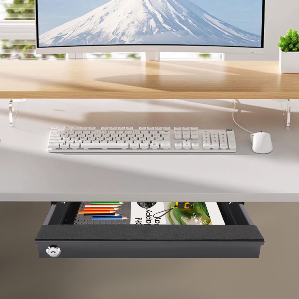 Space Saving Pull Out Sliding Drawer Desk Storage Organizer 14-inch Black W/ Key