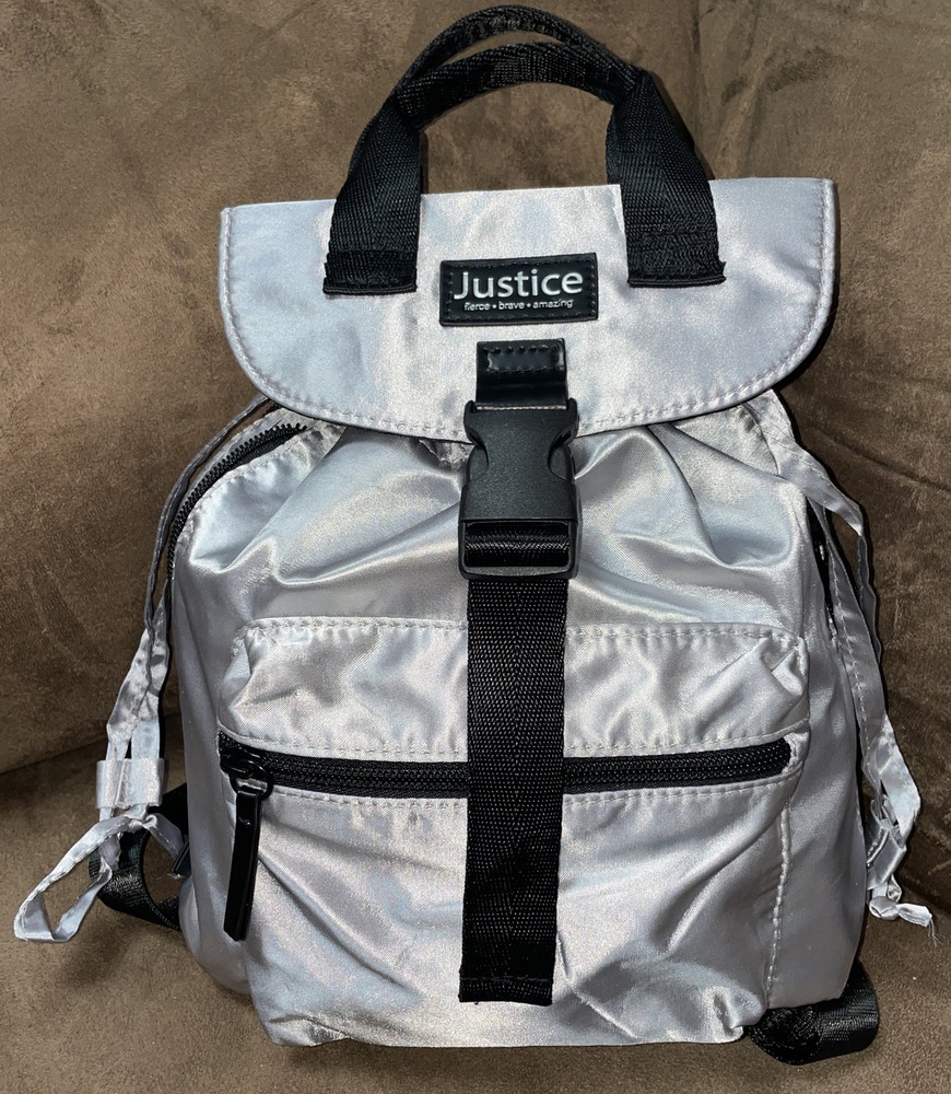 JUSTICE MINI BACKPACK SILVER/BLACK SATIN SUPER CUTE!!