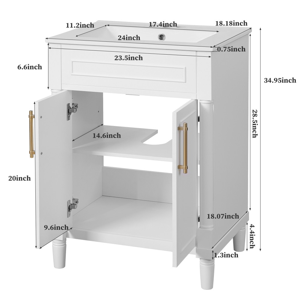 24in Bathroom Vanity Integrated Ceramic Sink 2 Doors Small Medium Restroom