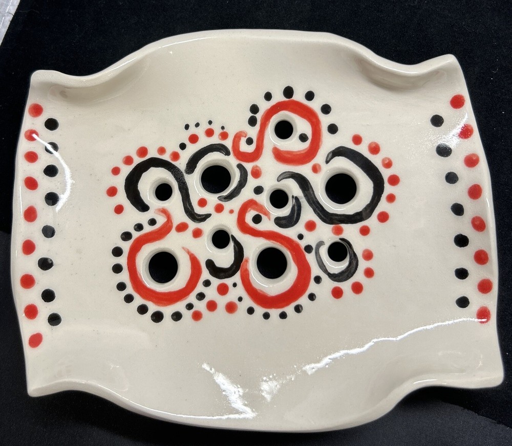 Nancy Bishop Pottery Footed Soapdish Strainer Red and Black